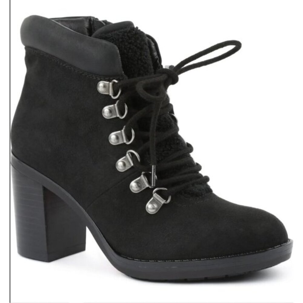 Kensie Atlanta Lace-Up Boot Women's 8 Black Block-Heel Dress‎ Combat Faux Suede